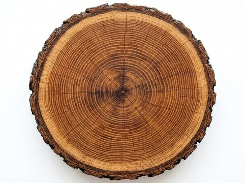 Top-down view of a tree trunk cross-section with visible growth rings and bark on a white background.