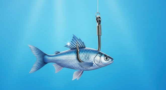 A glistening blue fish is ensnared on a sharp metal fishing hook in the deep blue ocean