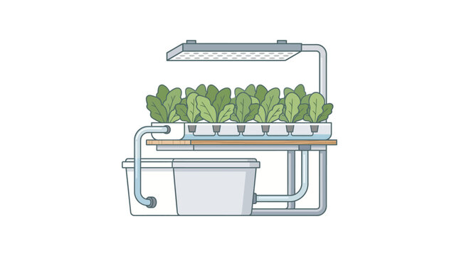 Hydroponic Garden Illustration: A detailed illustration of a hydroponic garden setup, showcasing the efficiency of soilless cultivation and sustainable food production.