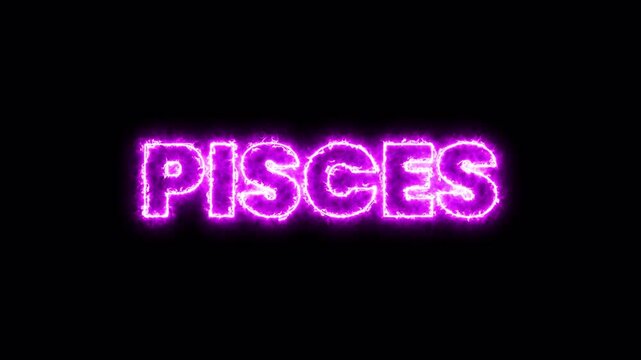vibrant neon pisces zodiac sign text animation glowing pink purple light on dark background, 4k video