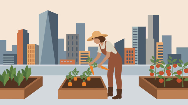 Urban Gardener Nurturing Life: A dedicated urban gardener tending to a vibrant rooftop plot amidst a modern city skyline, embracing sustainable practices and cultivating fresh produce.