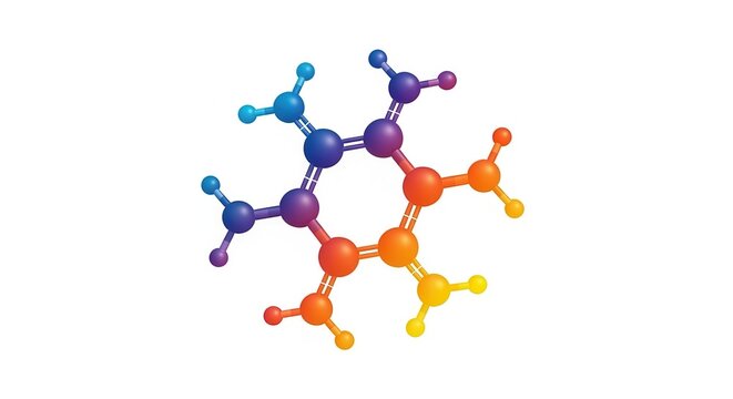 Vibrant three-dimensional molecular structure illustration displaying chemical bonds and atomic