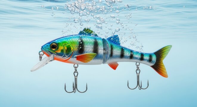 Vibrant multi-jointed artificial fish bait suspended in clear blue water with ascending bubbles