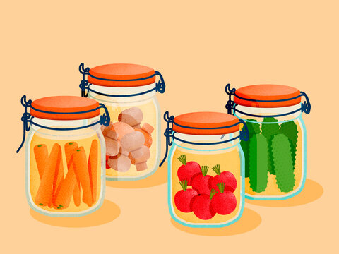 Glass jars holding various pickled and preserved vegetables