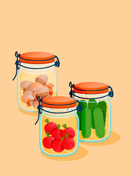 Glass jars with pickled radishes, cucumbers, and mushrooms