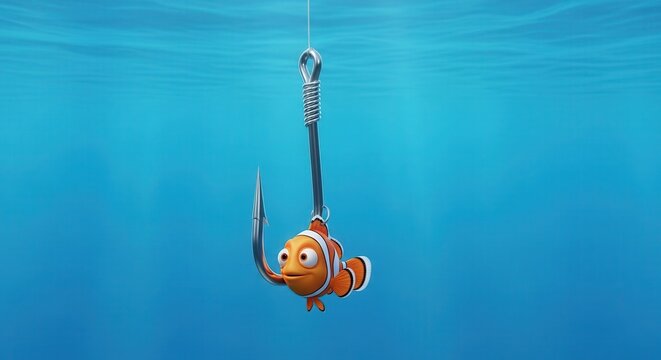 A wide-eyed animated fish is caught on a large fishing hook suspended in deep blue water