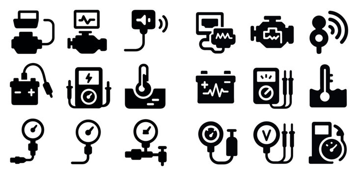 Diagnostics icons with engine battery gauge glyph