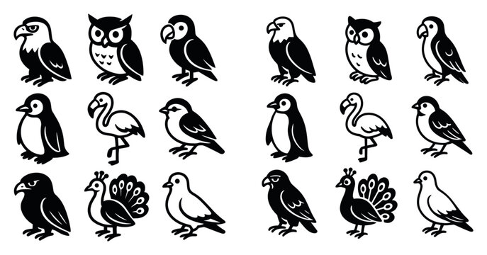 Bird icons with owl parrot penguin silhouette