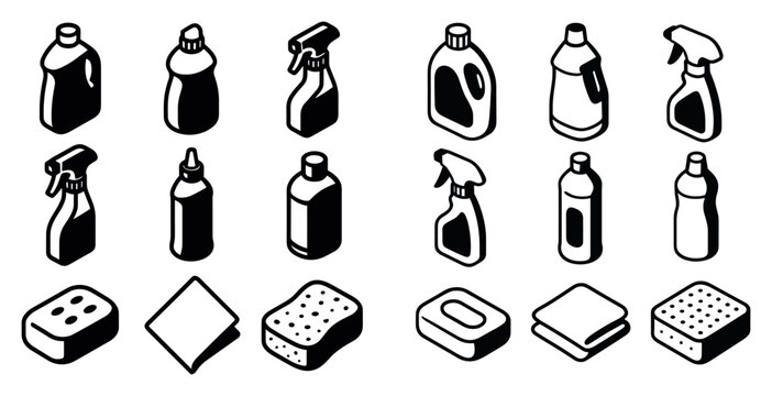 Cleaning icons with spray bottle sponge isometric