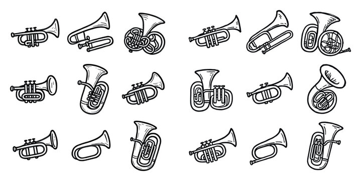 Music icons with trumpet tuba trombone line art