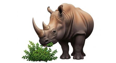 Fototapeta premium Majestic rhinoceros enjoying a leafy meal, showcasing its powerful presence and natural feeding