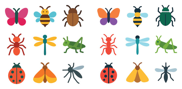 Nature icons with butterfly bee beetle flat