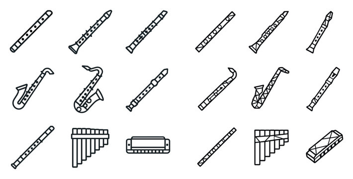 Music icons with flute saxophone panpipes outline