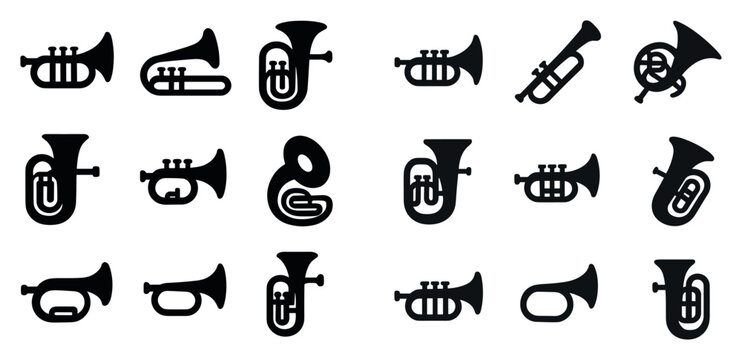 Music icons with trumpet tuba horn silhouette