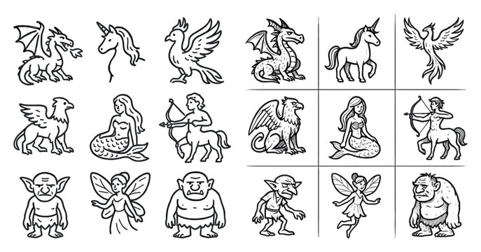 Fantasy icons with dragon unicorn mermaid outline