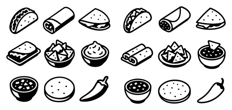 Mexican food icons with taco burrito quesadilla flat