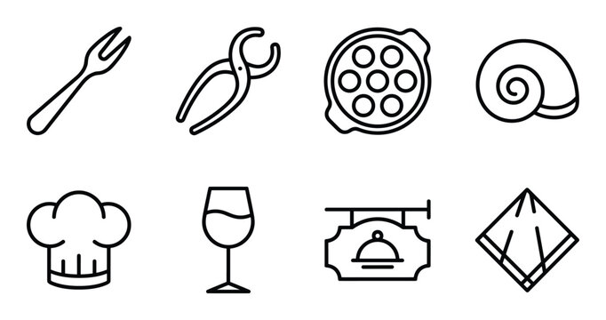 Restaurant icons fork tongs escargot plate seashell chef hat wine glass sign napkin.