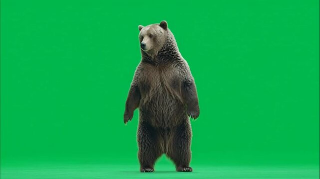 Full Body Brown Bear Standing Upright on Green Screen