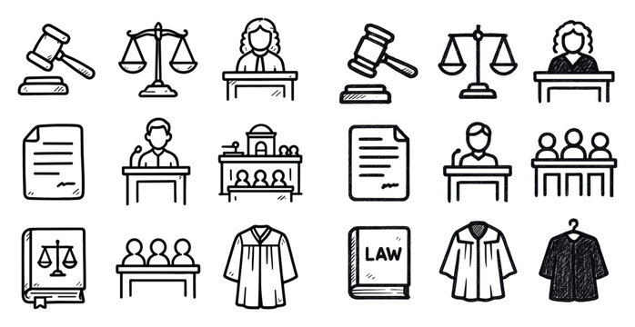 Law icons with gavel scale judge outline