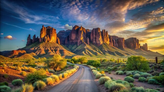 A realistic photo of Superstition Mountains at sunrise on the Broadway Trail in Apache Junction