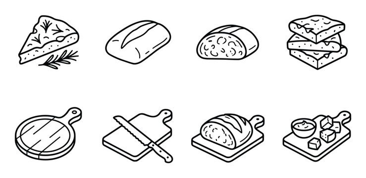 Variety of bread and baking icons: pizza slice loaf artisan bread sandwiches cutting board knife butter and cheese platter.