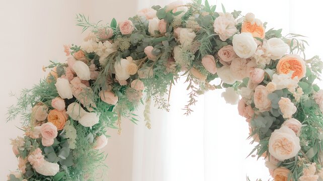 Gapura bunga elegan dengan bunga dan dedaunan berwarna peach lembut. 