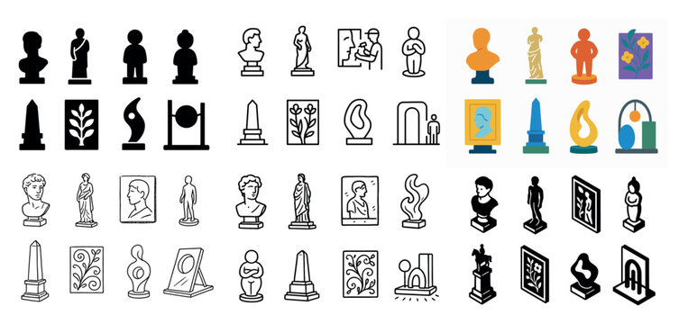 Variety of artistic sculptures and statues icons
