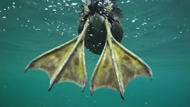 Underwater rear view of a coot swimming, showcasing its large distinctive greenish lobed feet paddling rhythmically through the clear water