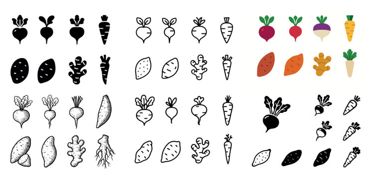 Colorful and black & white root vegetables illustration