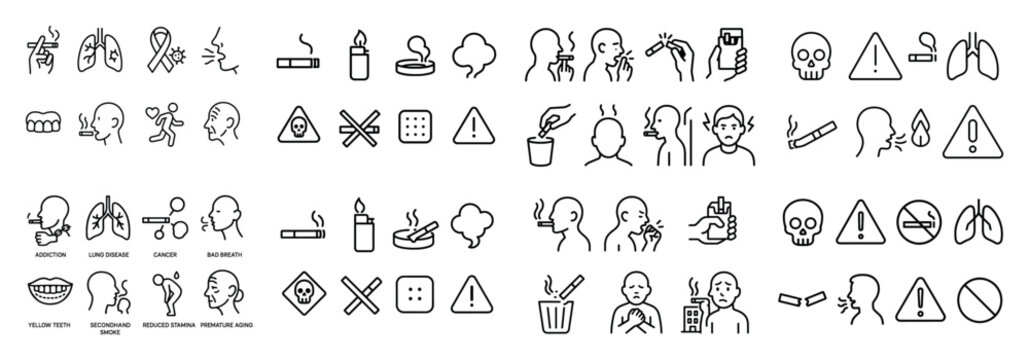 Smoking effects and health warnings icon set