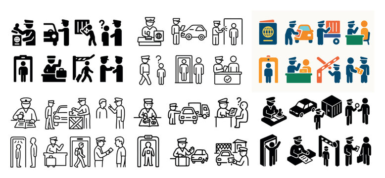 Airport security and customs check icon set