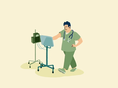 Healthcare worker monitoring medical equipment in hospital