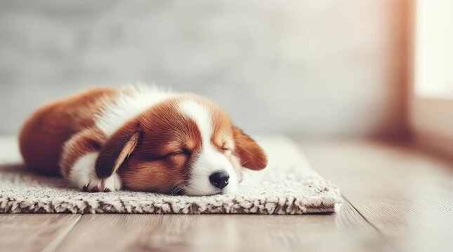 Adorable Cavalier King Charles Spaniel puppy peacefully sleeping on a cozy rug near a sunlit window evoking feelings of warmth comfort and unconditional love