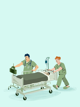 Medical staff transporting patient in hospital gurney for care