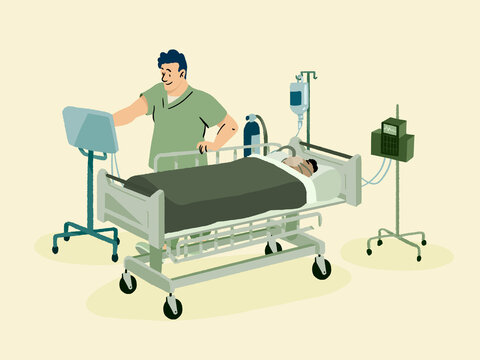 Healthcare worker monitoring ill patient in intensive care unit