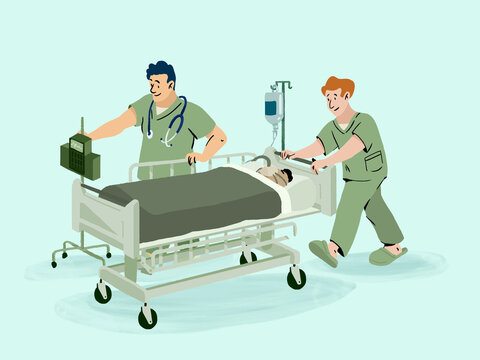 Medical staff transporting patient on hospital bed