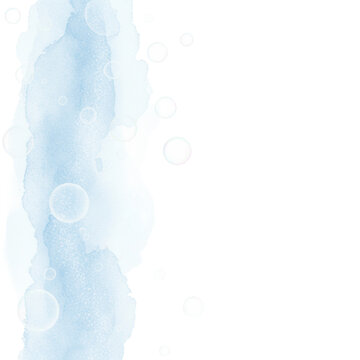 Pastel blue watercolor wash with granular textures and ethereal bokeh circles bleeding into transparent negative space, creating a sense of serene minimalist luxury