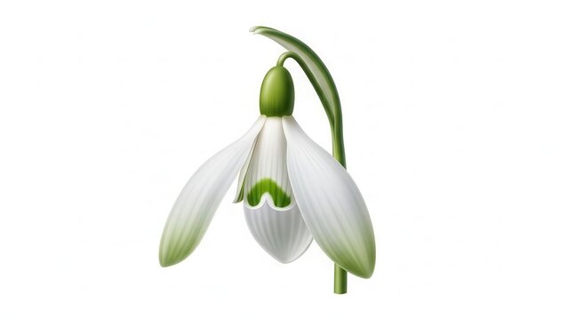 Digital artwork of a pristine snowdrop flower with delicate white petals and vibrant green stem