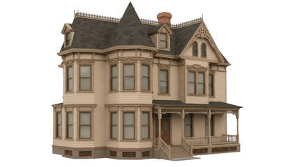 Fototapeta premium Large three story victorian style mansion with detailed architecture bay and shingle roof isolated on white background victorian architecture