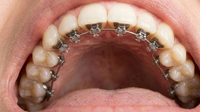 Macro view of internal lingual braces on upper teeth for orthodontic correction