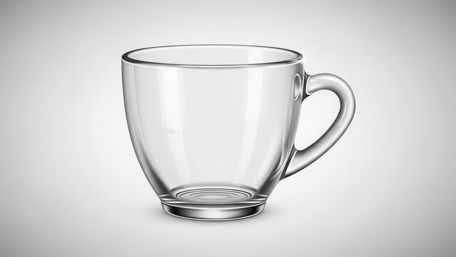 Realistic transparent empty glass teacup or coffee mug with a handle against a neutral background