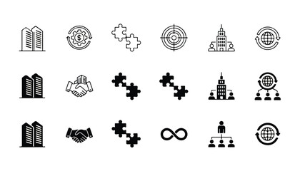 Naklejka premium Collection of business and finance icons including buildings handshake puzzle pieces charts globes with business building handshake teamwork