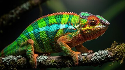 Fototapeta premium Vibrant Chameleon Perched on Mossy Branch, Exotic Reptile Wildlife