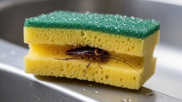 Cockroach Hiding in Wet Kitchen Sponge