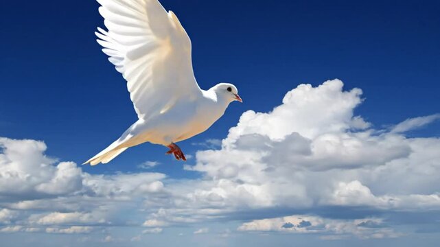 Graceful white dove soaring in a bright blue sky filled with fluffy white clouds, concept of freedom