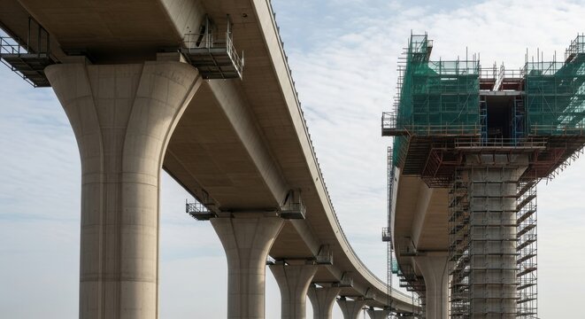 Concrete pillars support a large elevated highway bridge under construction.