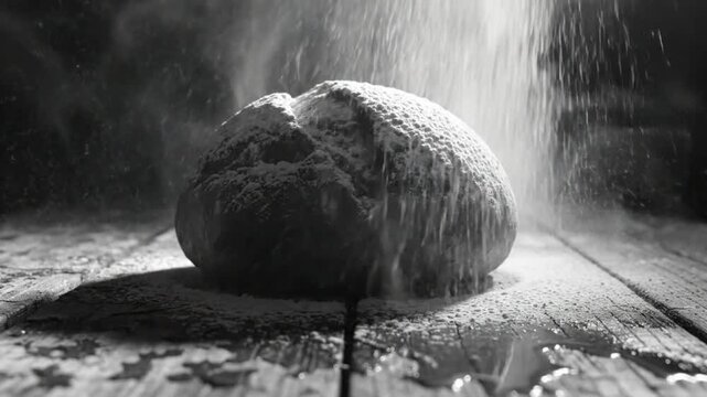 Black and white close up of dusting flour on a bread loaf creating culinary food photography