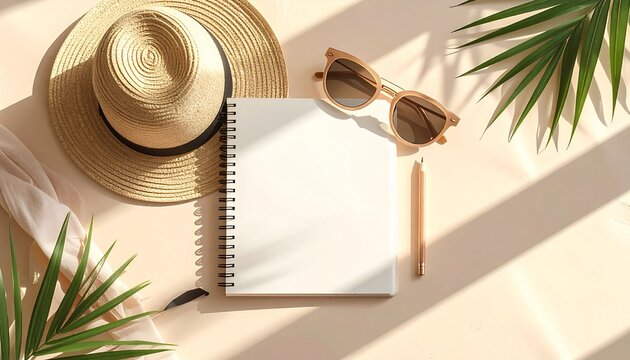A flat lay of summer travel essentials including a straw hat, sunglasses, a blank notebook, and a pen, with palm leaves and shadows on a light background.