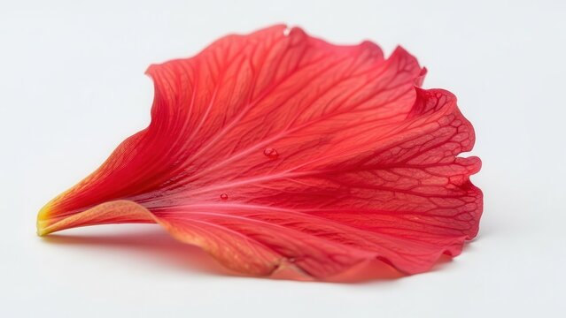 Exquisite crimson petal showcasing nature's delicate artistry with shimmering dew drops on a
