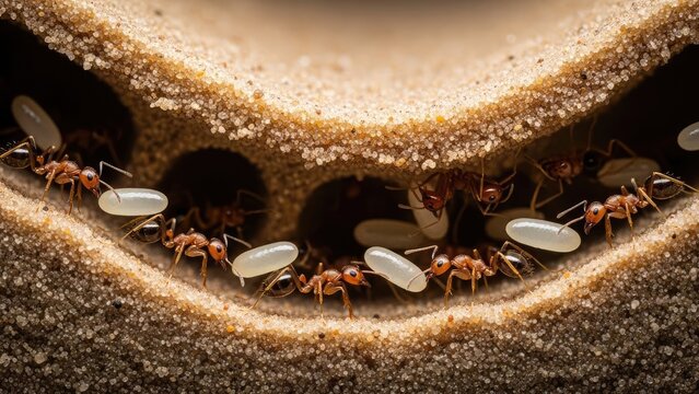 Close-up of ants carrying eggs in their colony